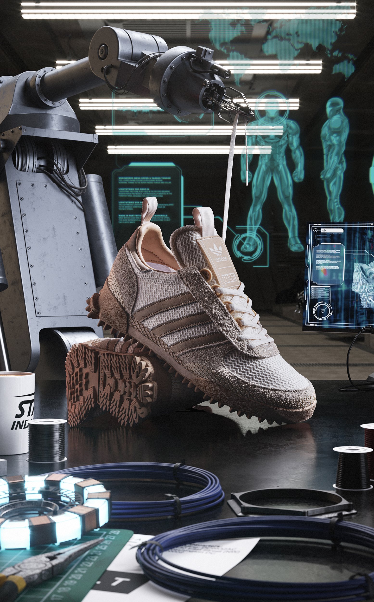A pair of beige Adidas sneakers with a tag, placed on a table with electronic components and wires, in a high-tech laboratory with holographic screens and a robotic arm.