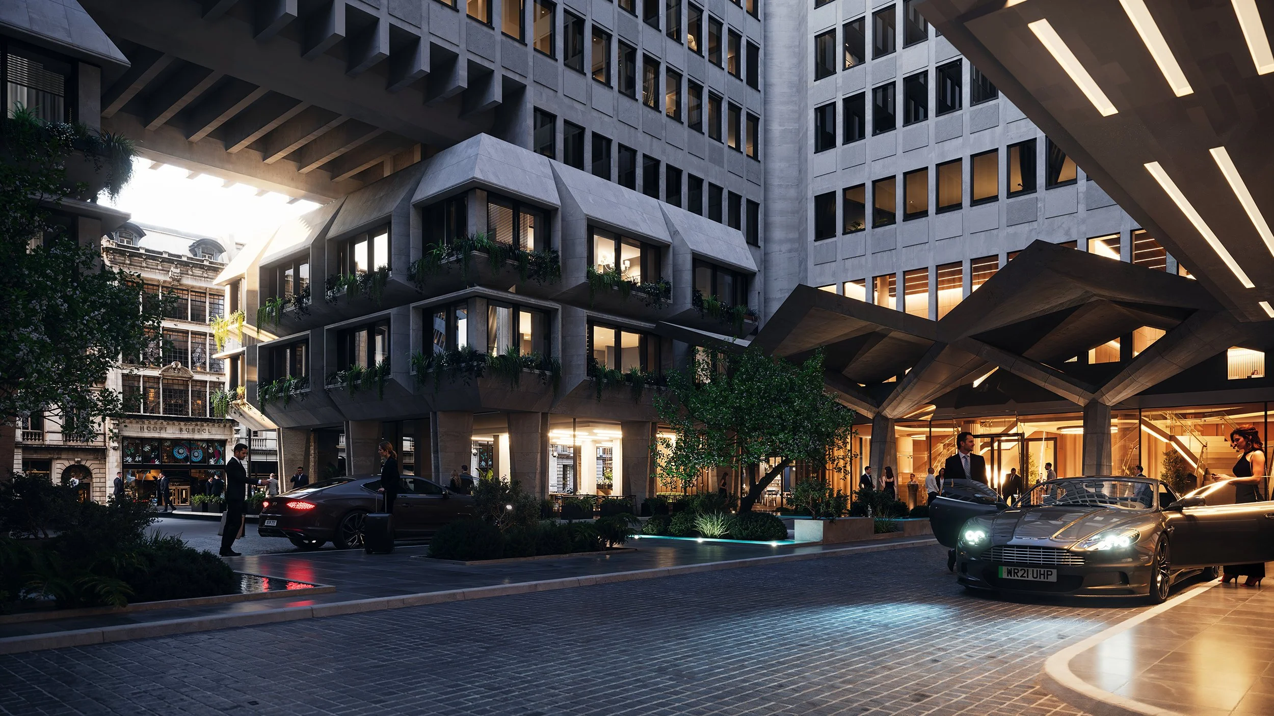 Modern multi-story building with glass windows and architectural details, people in formal attire, luxury cars parked outside, some people entering and exiting, trees and greenery around, evening setting with warm lighting.