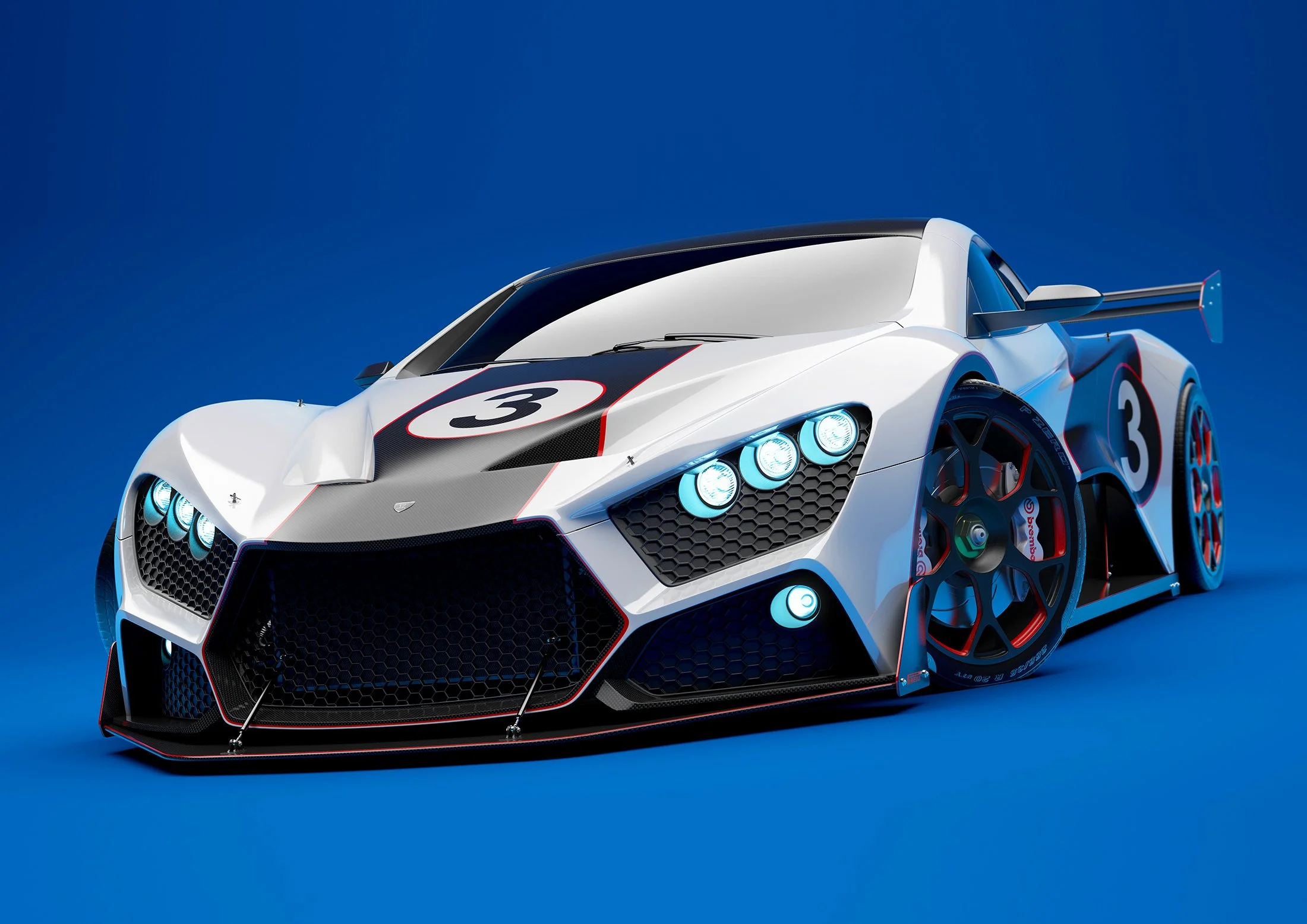 A futuristic race car with a sleek, aerodynamic design, white body with red and black accents, and large illuminated headlights, set against a clear blue sky.