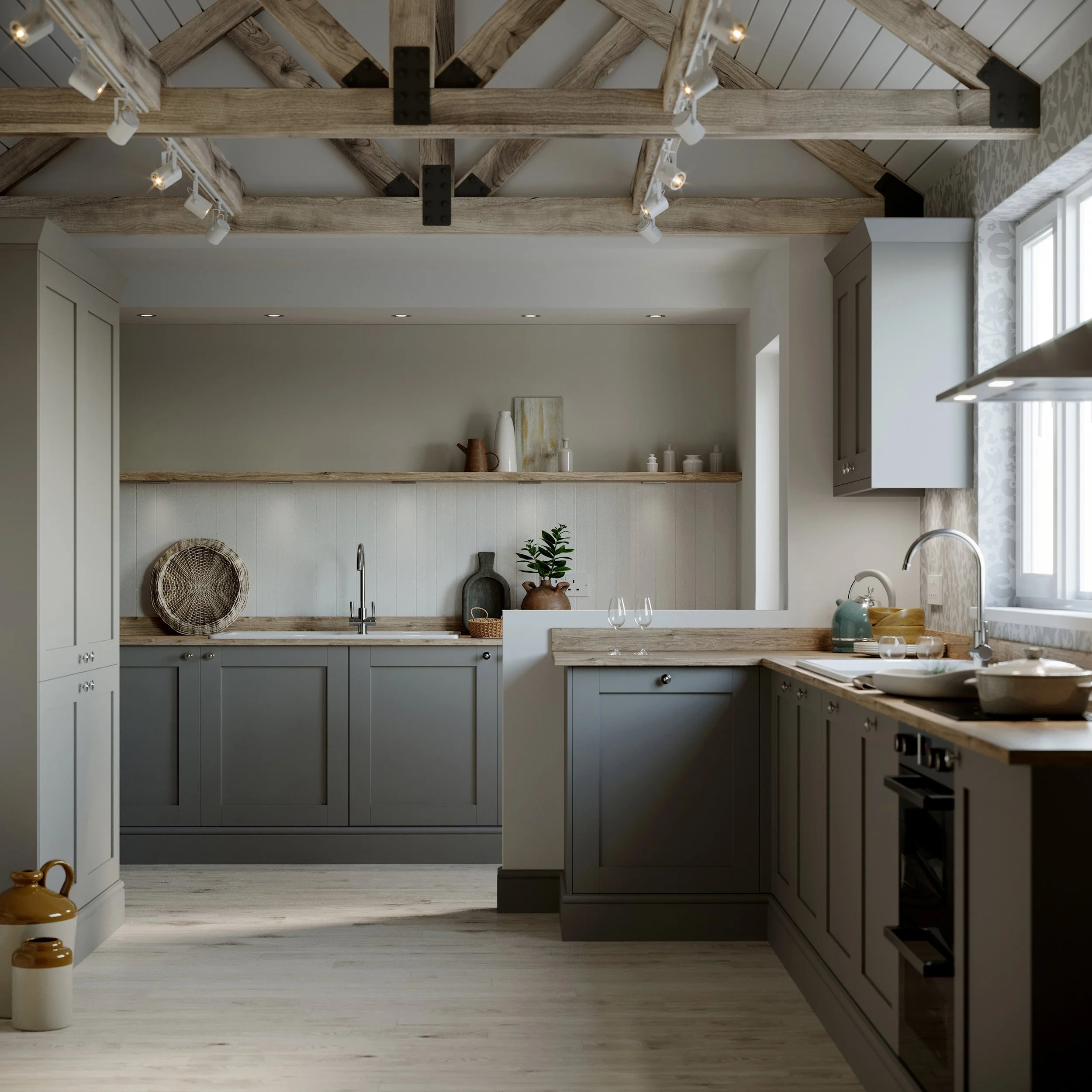 Modern kitchen featuring light wood flooring, dark cabinetry, and a high ceiling with exposed wooden beams and track lighting.