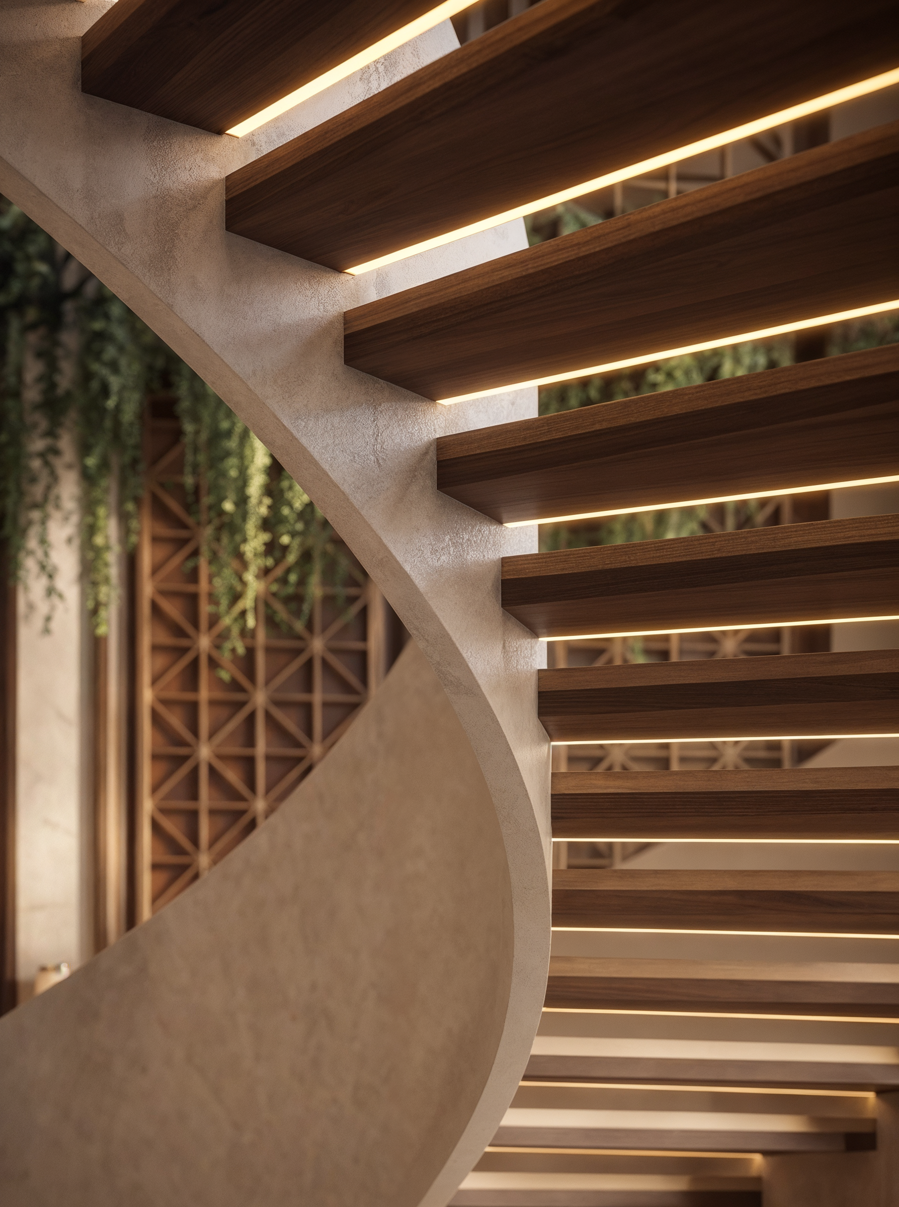 Close-up of a wooden staircase with LED lighting under each step, adjacent to a textured beige wall, with a decorative wooden lattice and greenery in the background.
