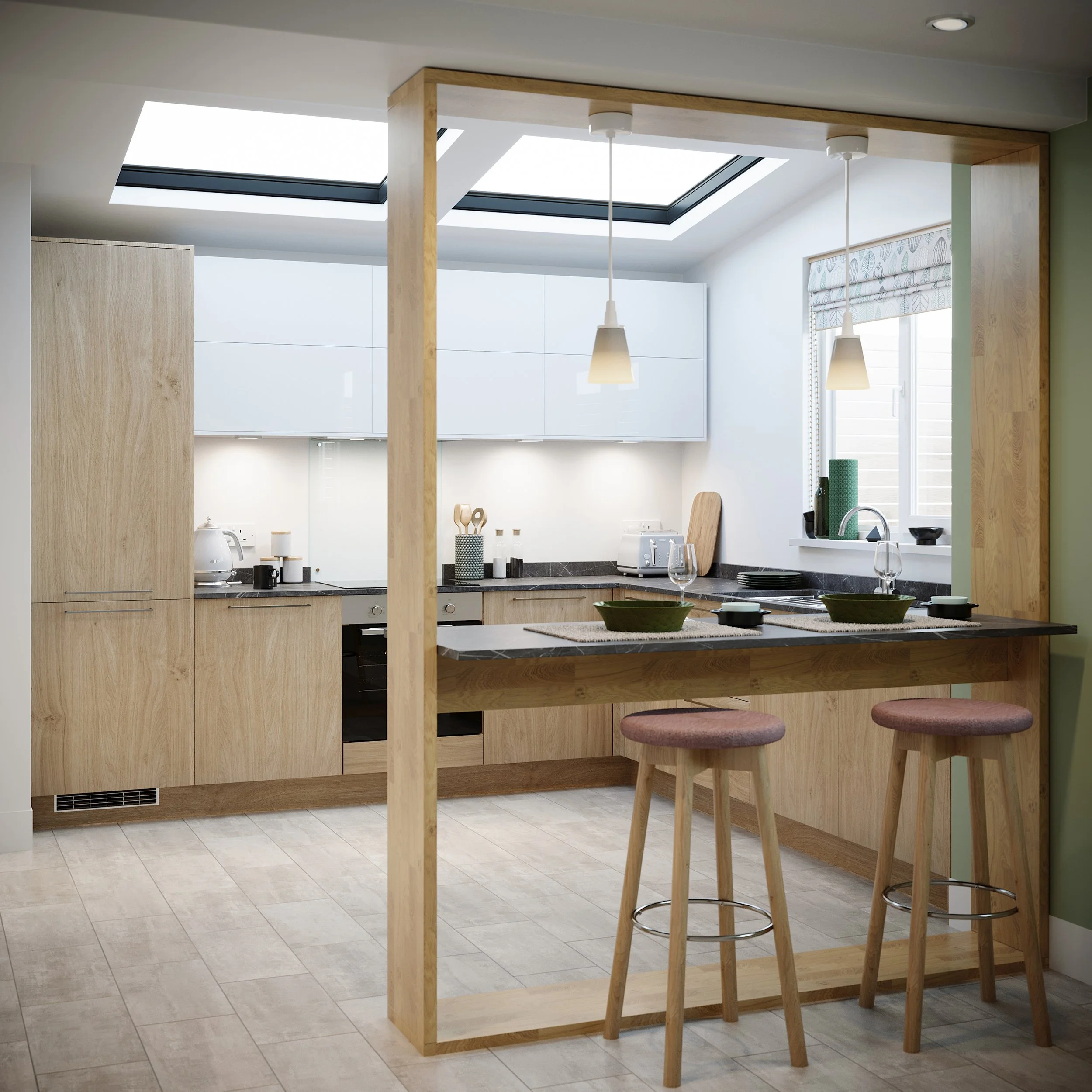 Modern kitchen with wooden barstools, a kitchen island with a black and white countertop, hanging pendant lights, and a skylight window on the ceiling.