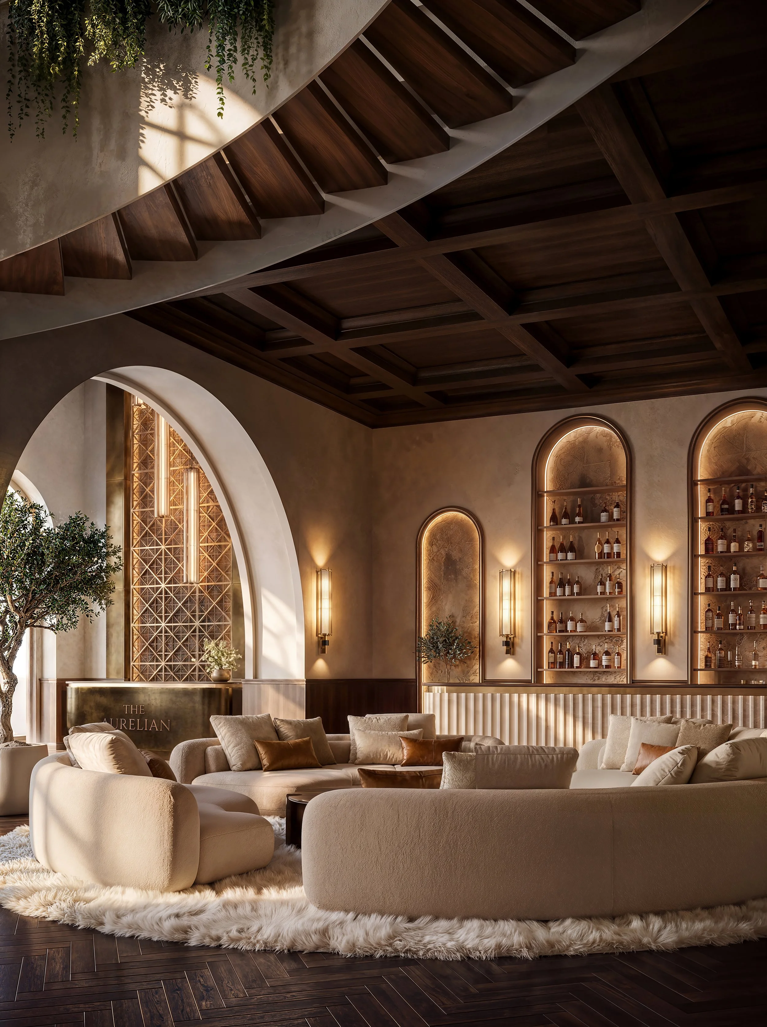 Elegant interior space with a curved beige sofa, plush pillows, a fluffy white rug, wooden ceiling, and a warm bar area with shelves of bottles, illuminated by soft lighting.