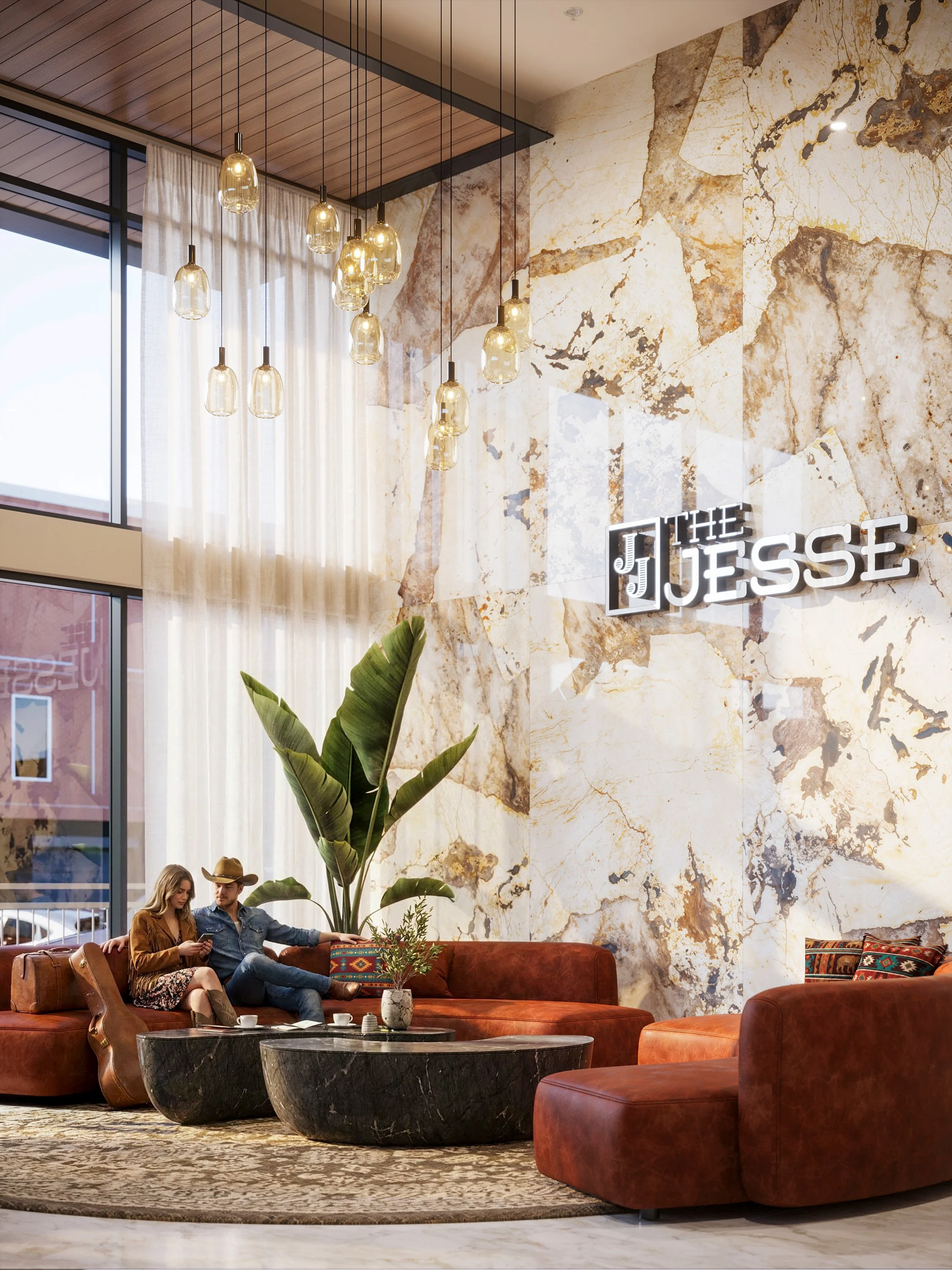 Interior of a hotel lobby with a large marble wall, a neon sign that reads 'The Jesse,' pendant lights hanging from the ceiling, large windows with sheer curtains, a green plant, and two people sitting on a brown velvet sofa engaged in conversation.