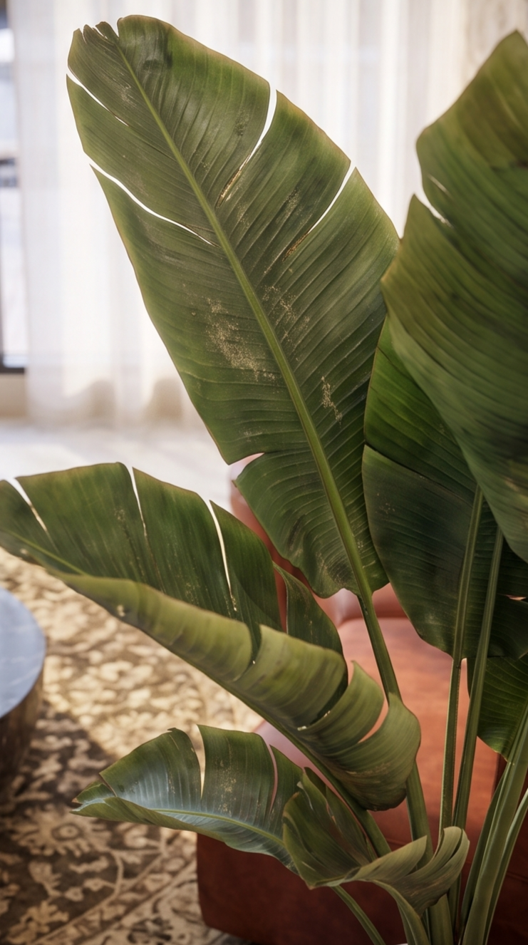 Close-up of large green banana plant leaves indoors with sunlight through curtains in the background.