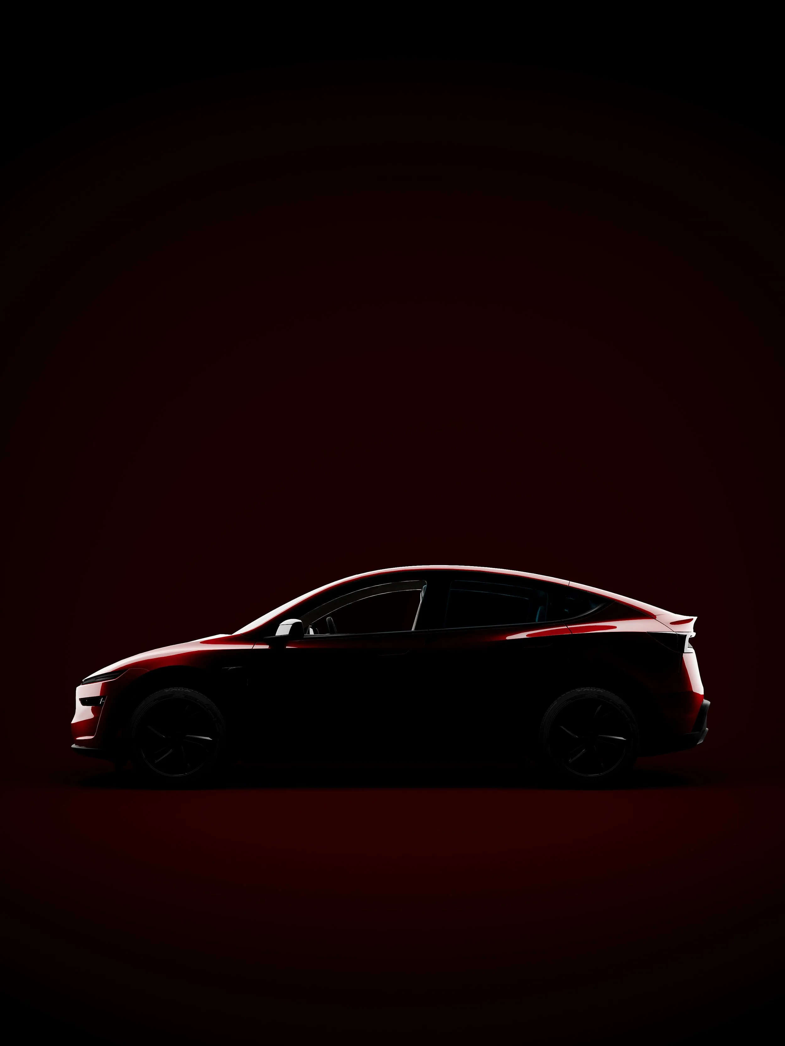 Side view of a sleek, black and red electric vehicle on a dark background with subtle lighting highlights.