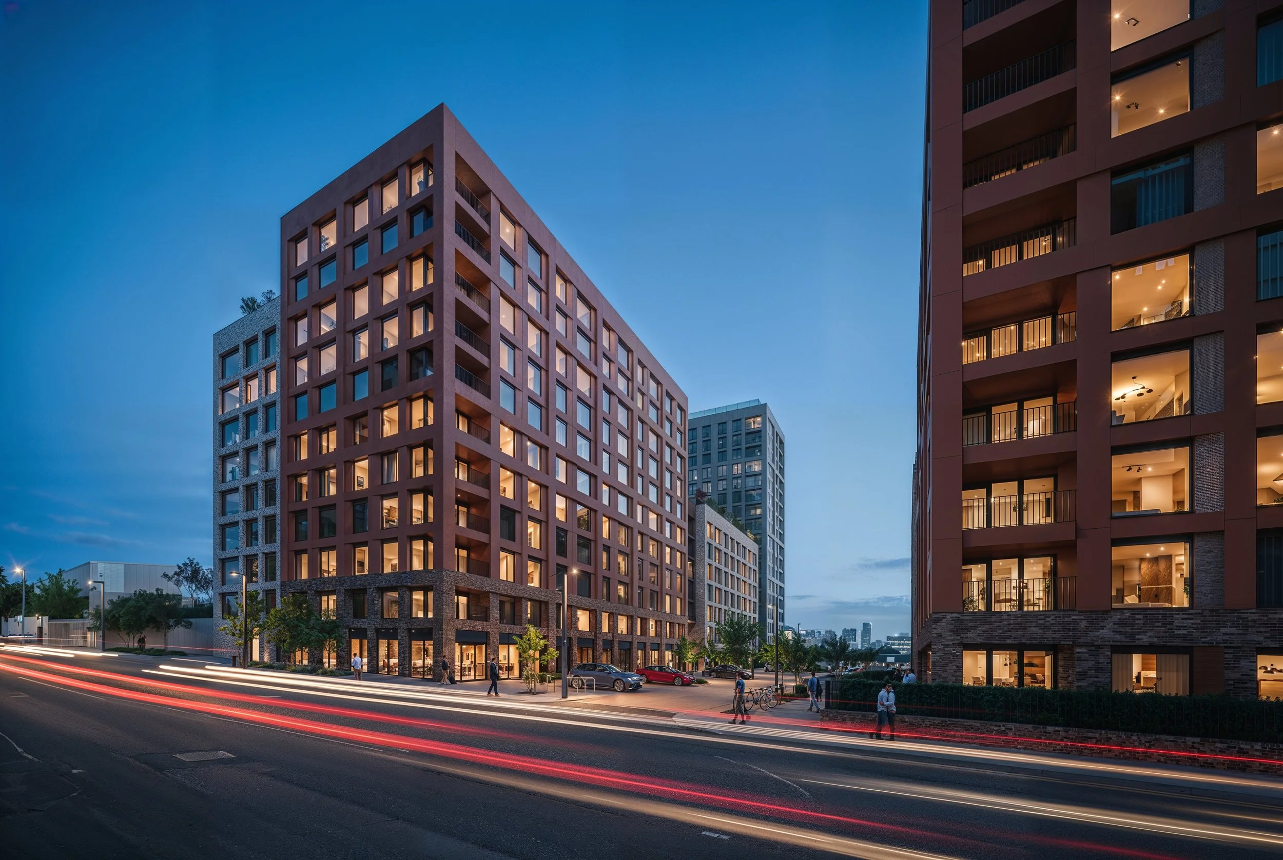 Modern multi-story apartment buildings with illuminated windows at dusk, street with light trails from passing vehicles, and people walking on the sidewalk.