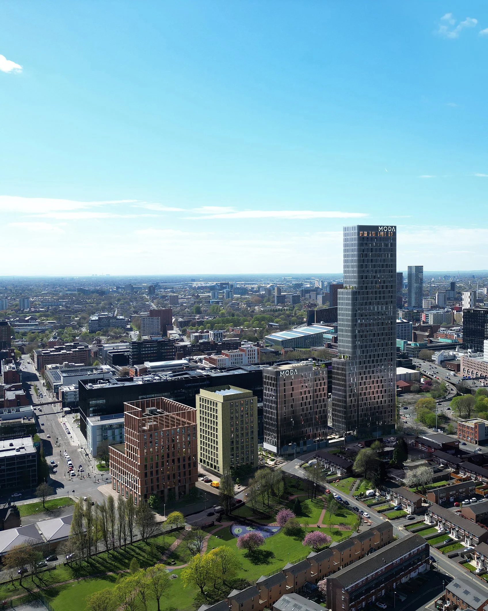 A cityscape with modern high-rise buildings, green parks with trees and a small playground, and residential houses under a bright blue sky with clouds.