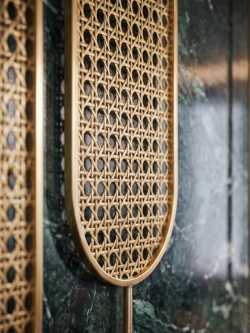 Close-up of a woven rattan or cane chair backrest with a natural wood finish against a blurred outdoor background.