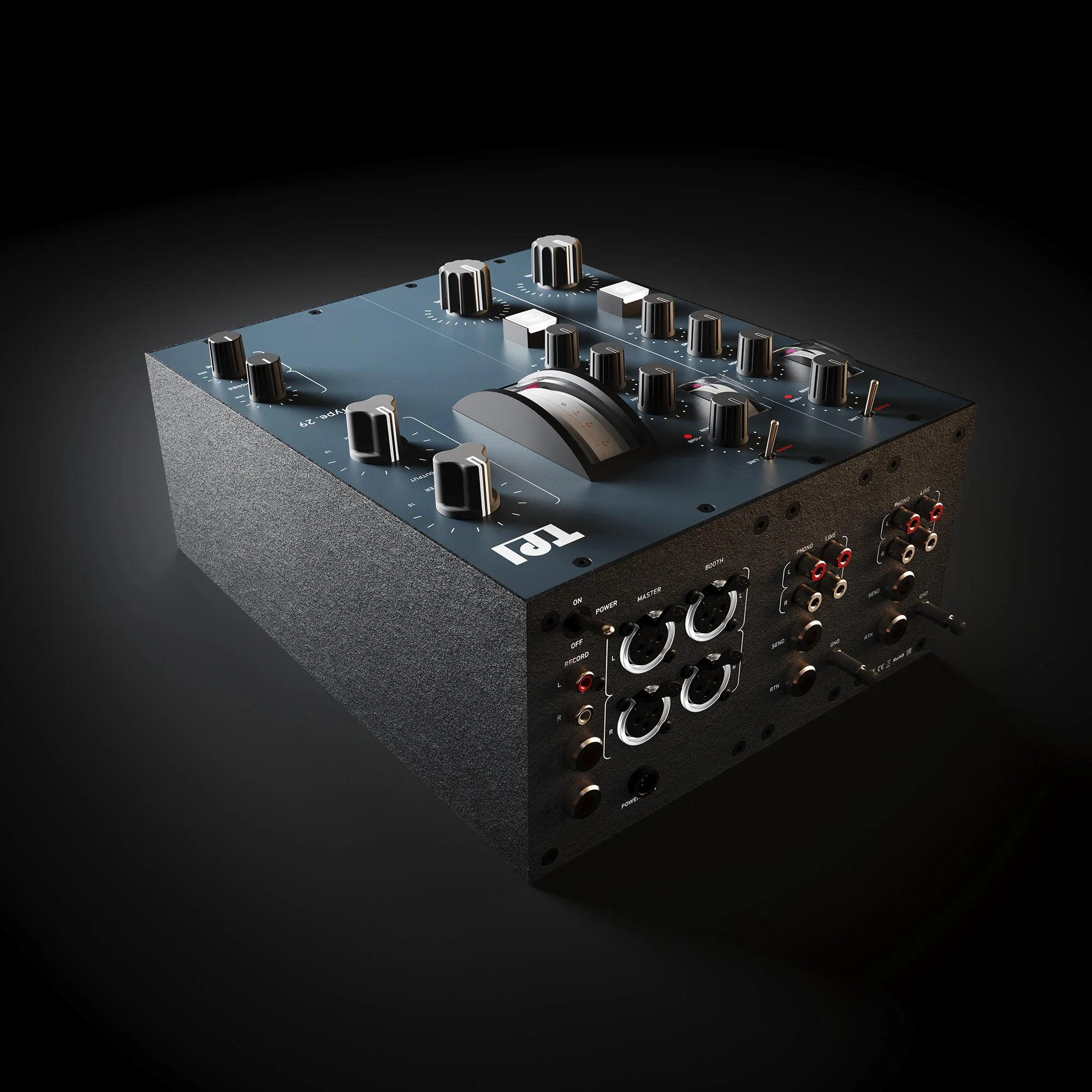 Close-up of a professional audio mixer with multiple knobs, sliders, and input jacks on a black background.