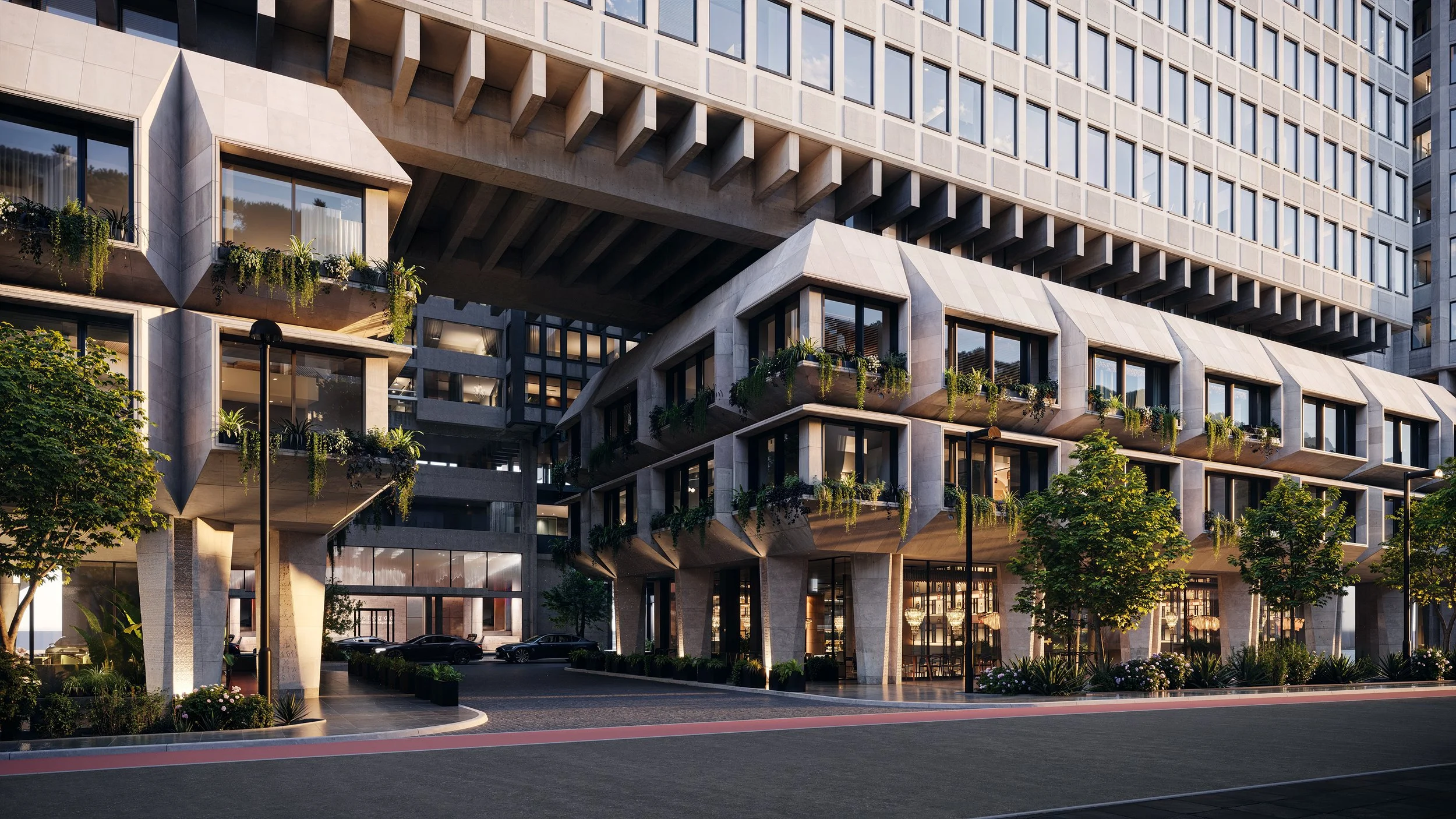 Modern multi-story building with large glass windows, decorative concrete elements, and greenery on balconies. Street view with trees, parked cars, and street lamps.