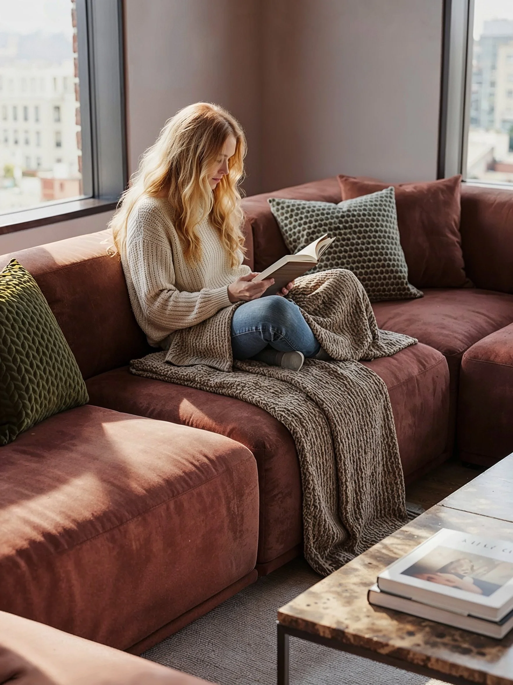 Interior of a modern apartment with a woman sitting on a pink velvet sofa, reading a book. The sofa has multiple patterned pillows, and a large window shows city buildings outside. A wooden coffee table with books is in the foreground.
