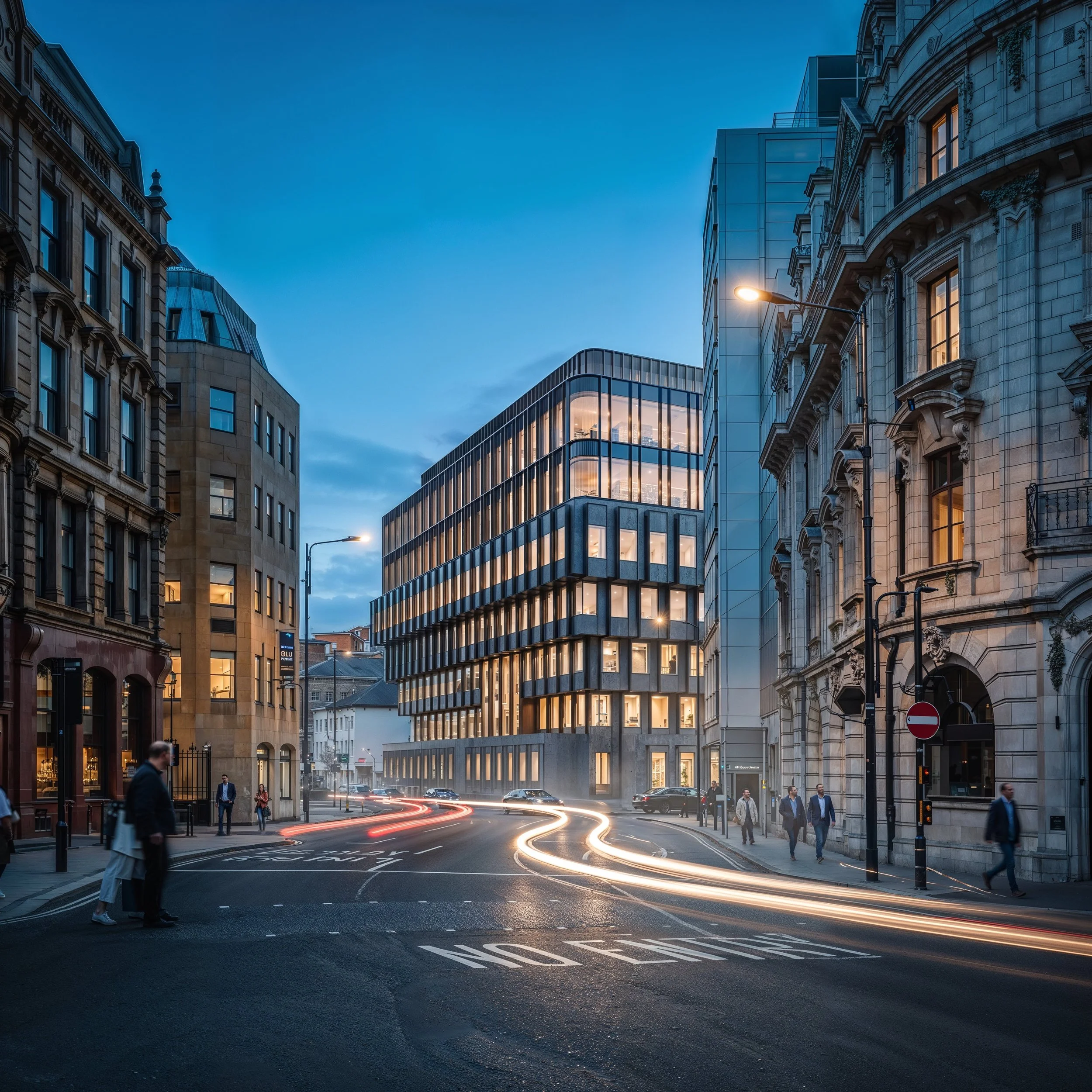 City street scene at dusk with historic and modern buildings, streetlights, and blurred car lights creating light trails.