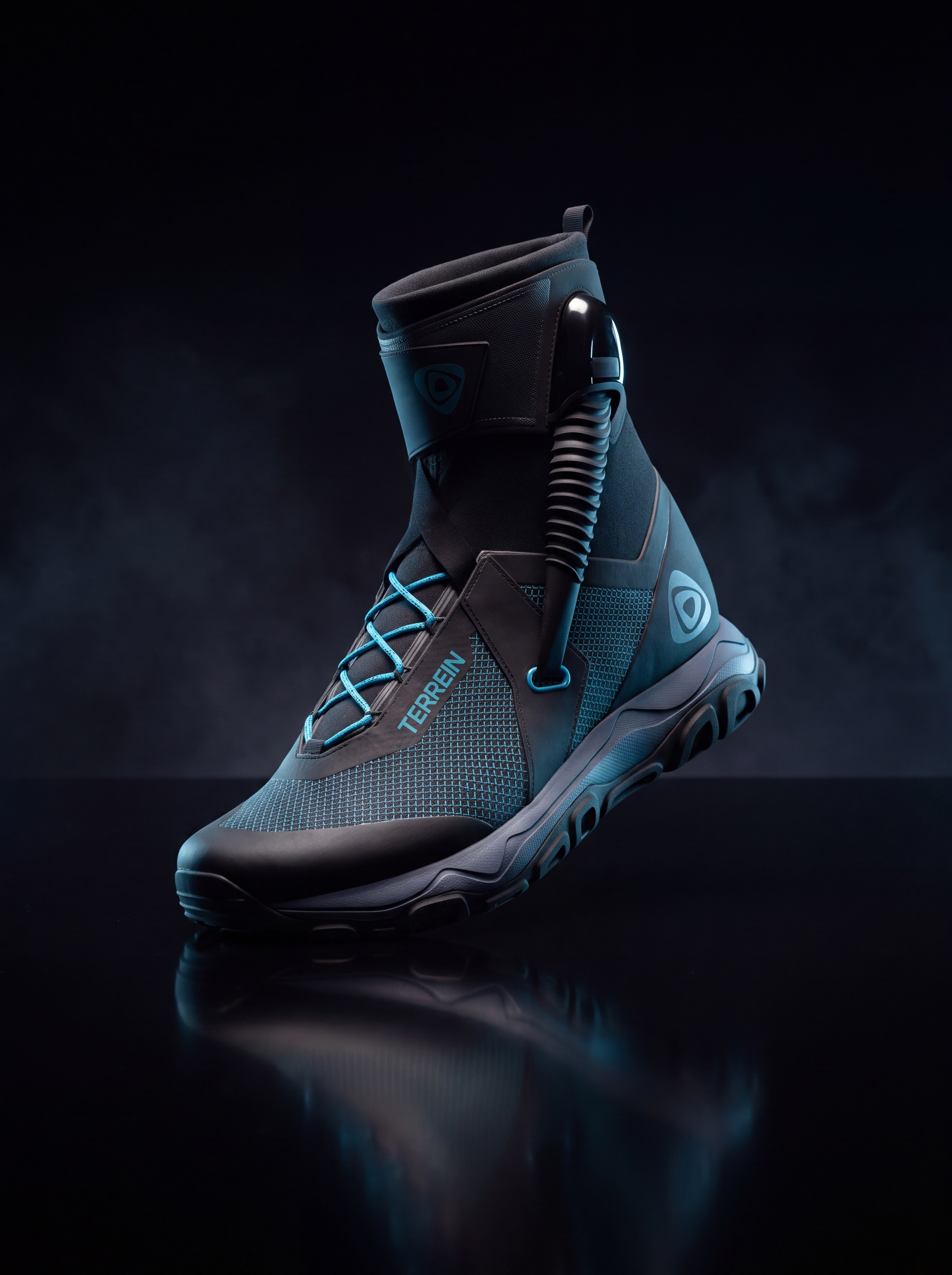 A modern hiking or outdoor shoe with a high ankle design, black, gray, and blue accents, and a rugged sole, displayed against a dark background.