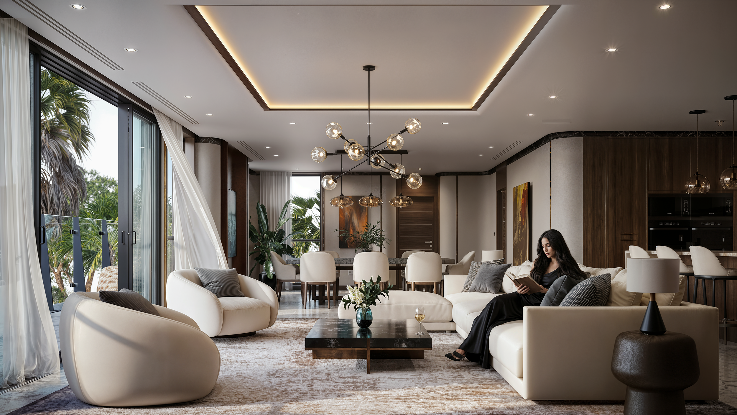 Modern living room with white sofas, a black coffee table, and large windows with white curtains. A woman with long dark hair is sitting on one sofa reading a book. The room features decorative plants, a geometric chandelier, and beige and wooden acc
