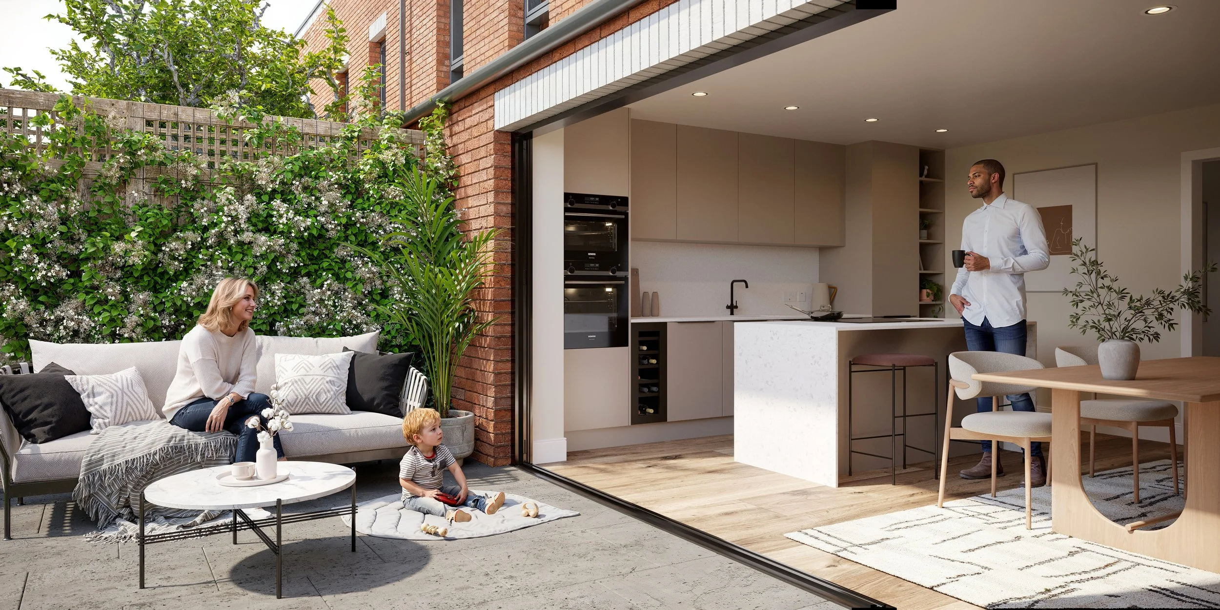Family enjoying outdoor and indoor space: woman and child seated on terrace, man with coffee mug in modern kitchen area, greenery and brick exterior.