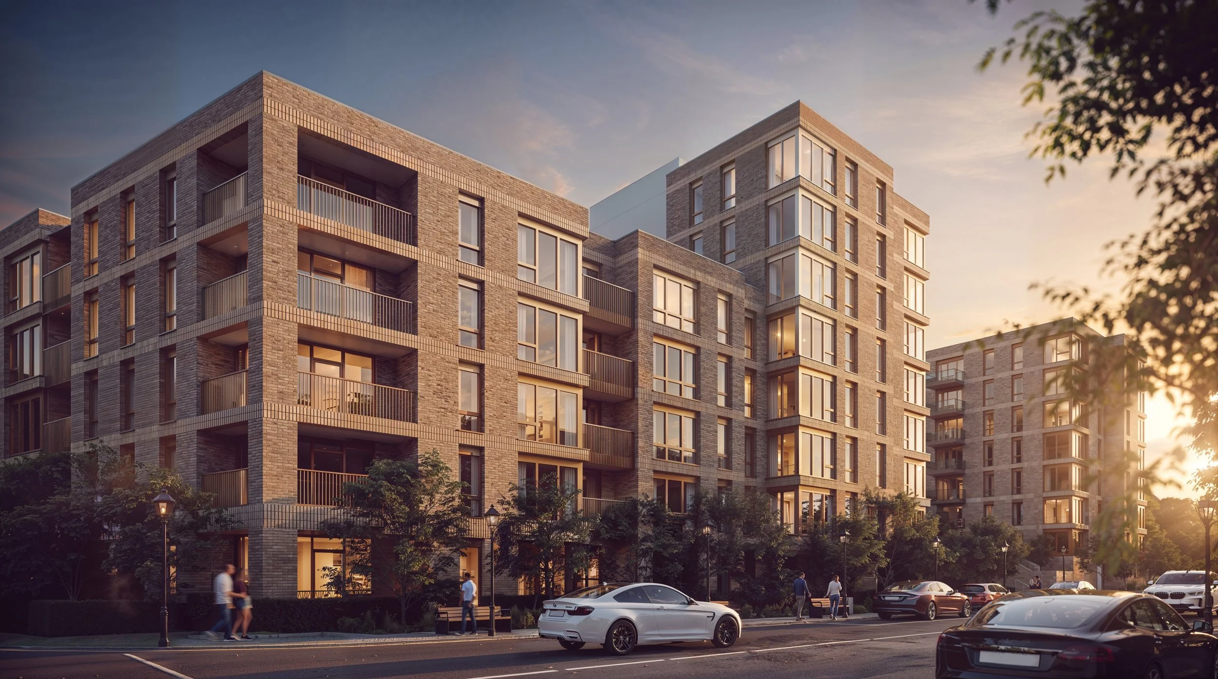 Modern multi-story residential building with brick facade and glass windows at sunset, with parked cars and pedestrians in front.