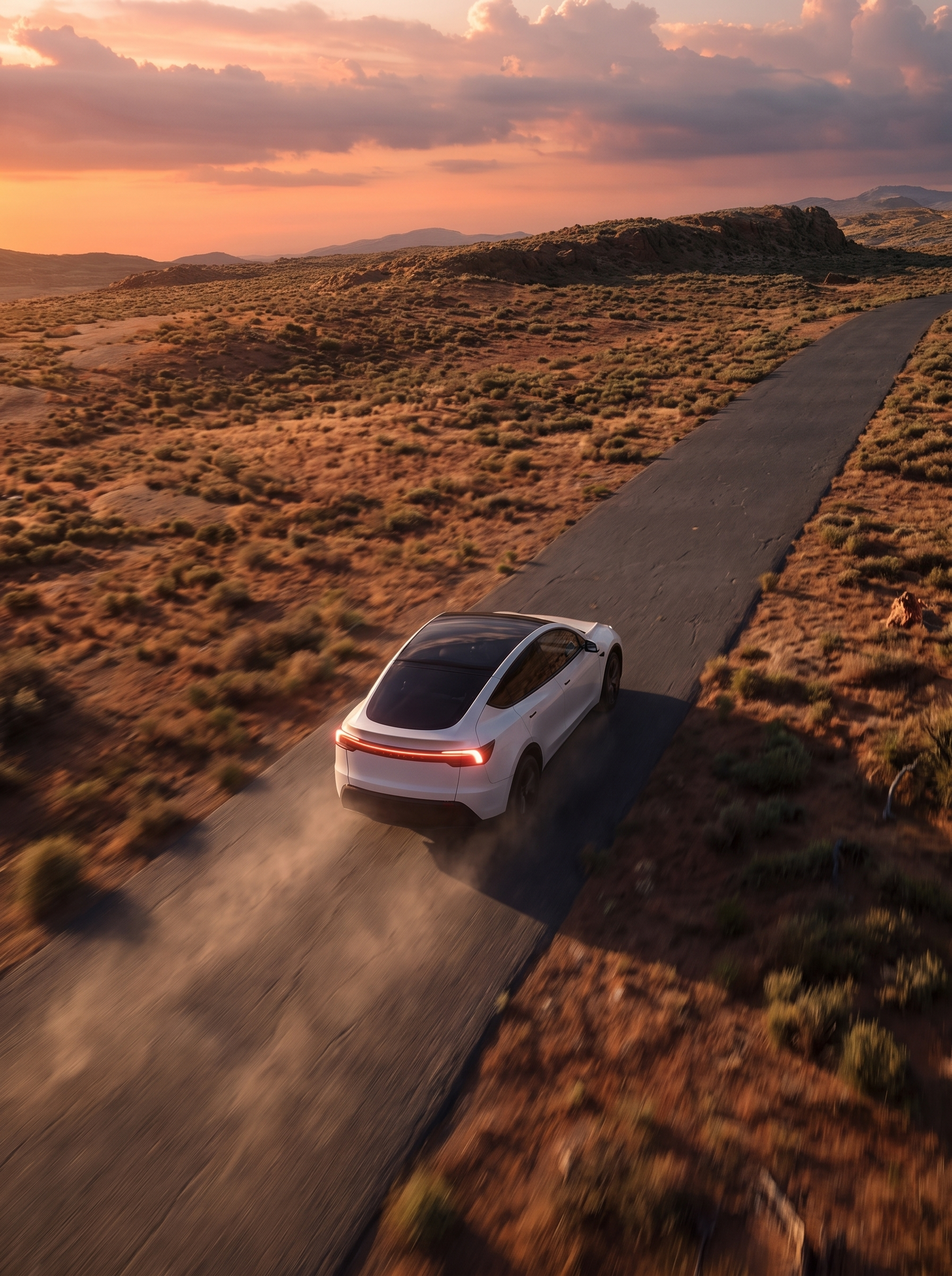 A white electric vehicle driving on a winding mountain road during sunset with pink and orange sky and distant mountains.