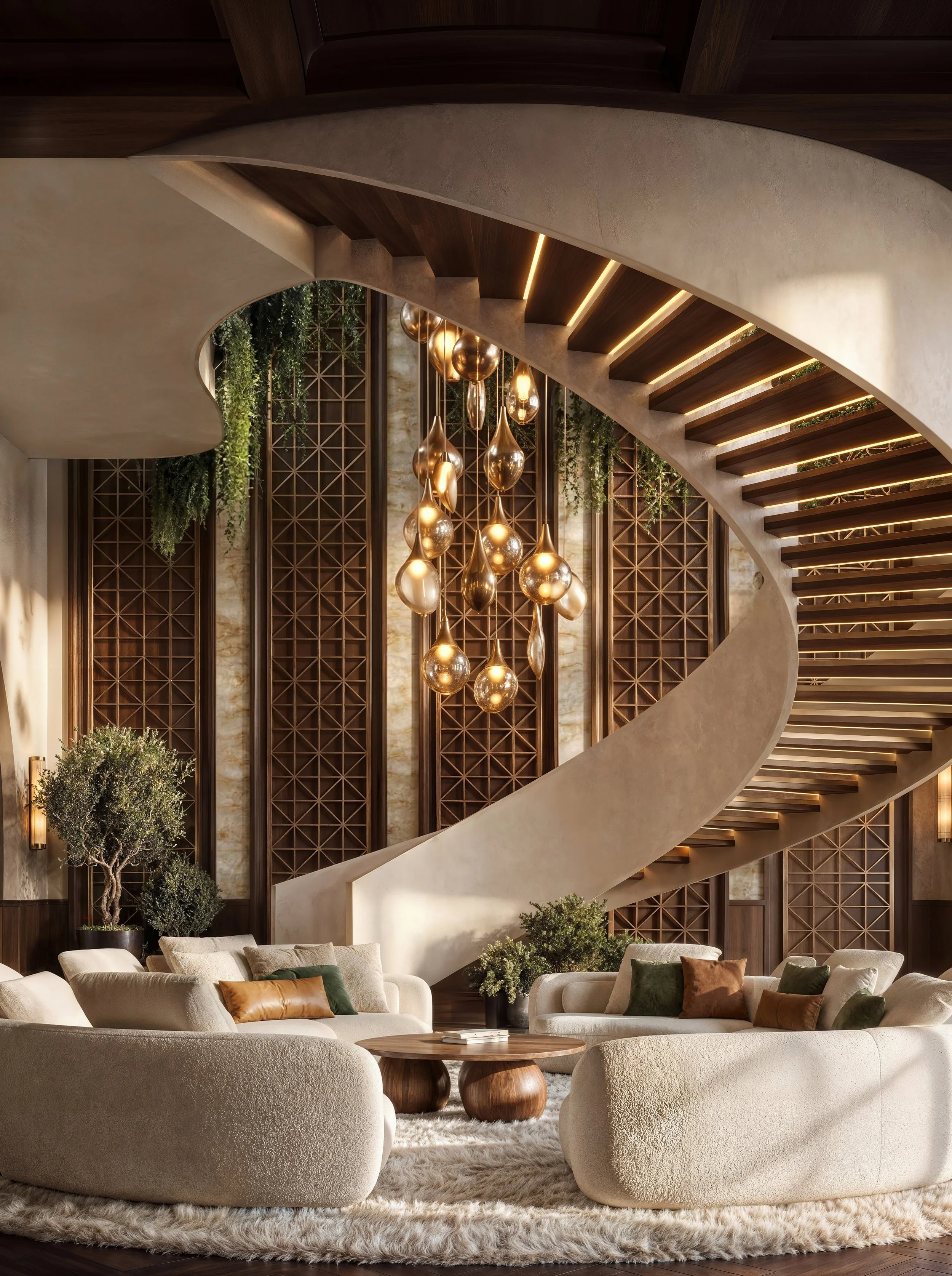 Contemporary living room with curved white sofas, a round wooden coffee table, and a large spiral staircase with wooden steps and built-in lighting. There are decorative plants, warm lighting, and layered pillows on the sofas.
