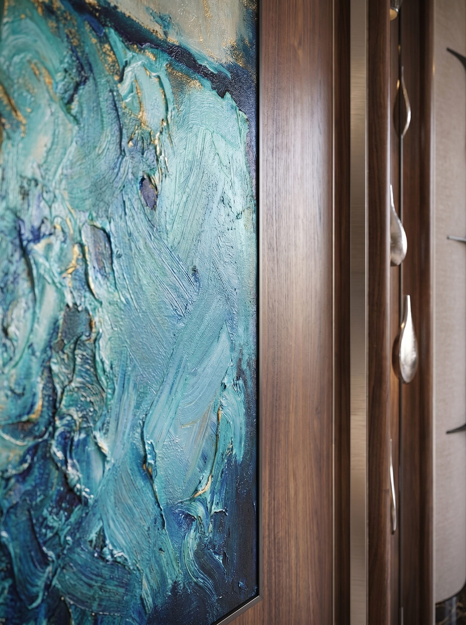Close-up of an abstract painting with blue, teal, gold, and dark hues on a wall with wooden paneling.