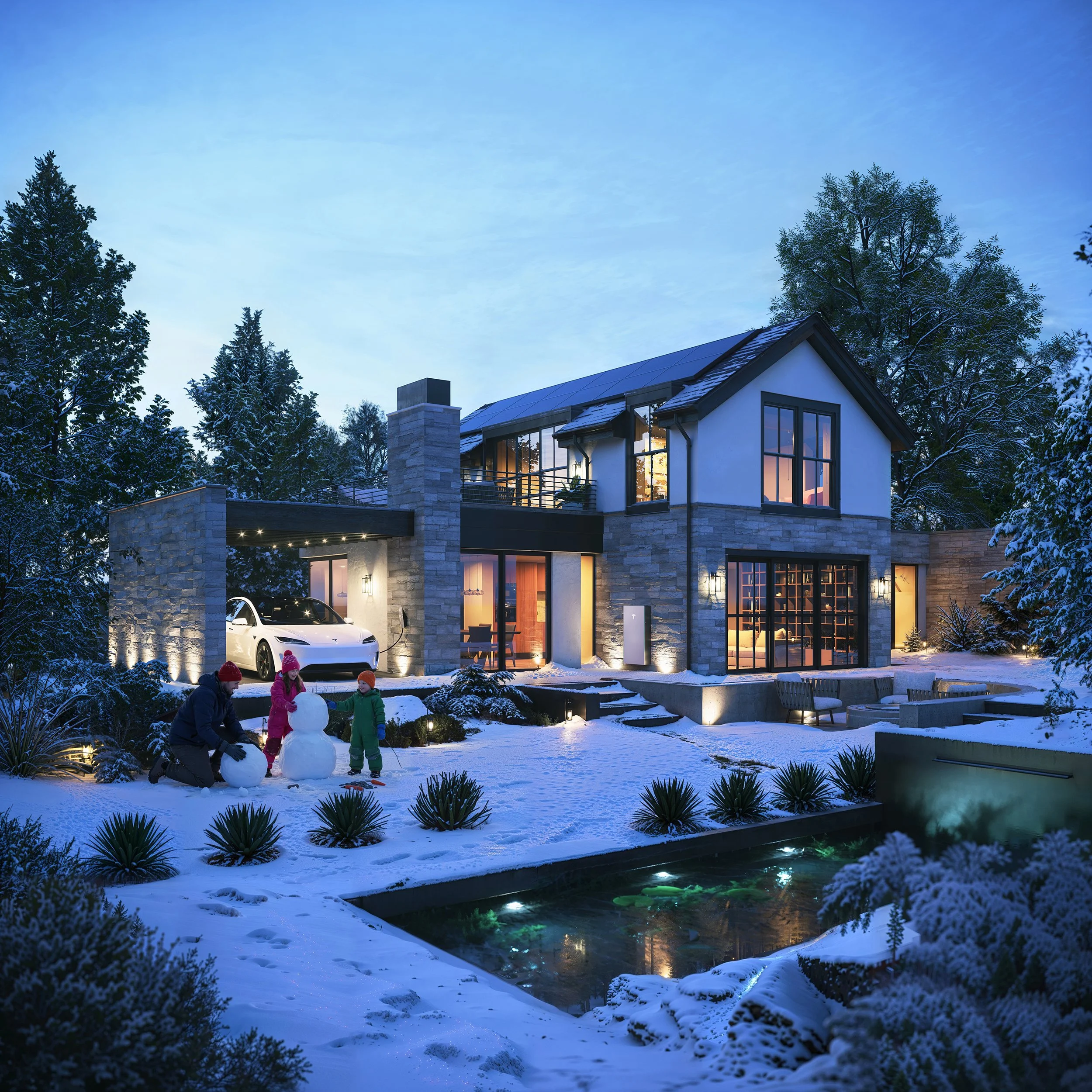 Snowy backyard scene with two children building a snowman, a modern house with large windows, snow-covered trees, and a lit interior visible through the windows at dusk.