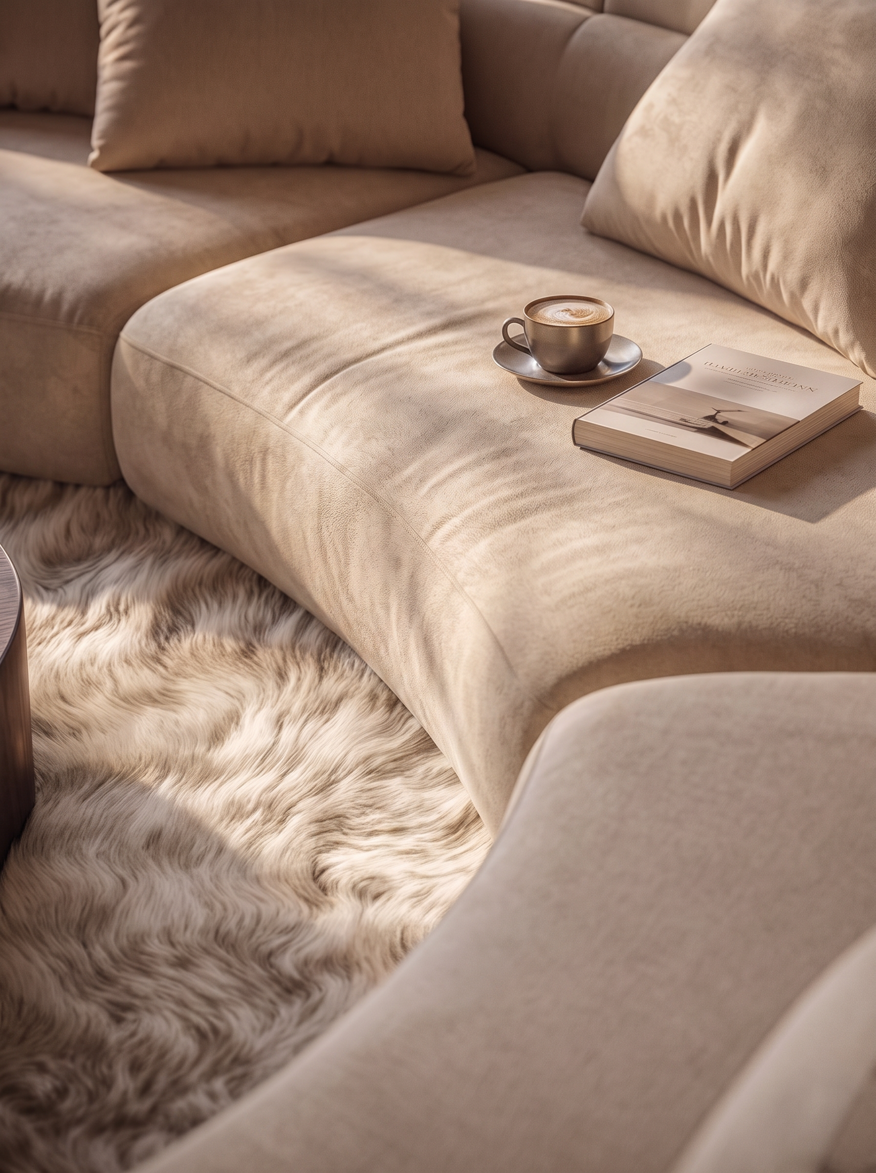 A cozy beige sectional sofa with pillows, a coffee cup on a saucer, and a closed book on the armrest, sitting on a fluffy cream-colored rug.