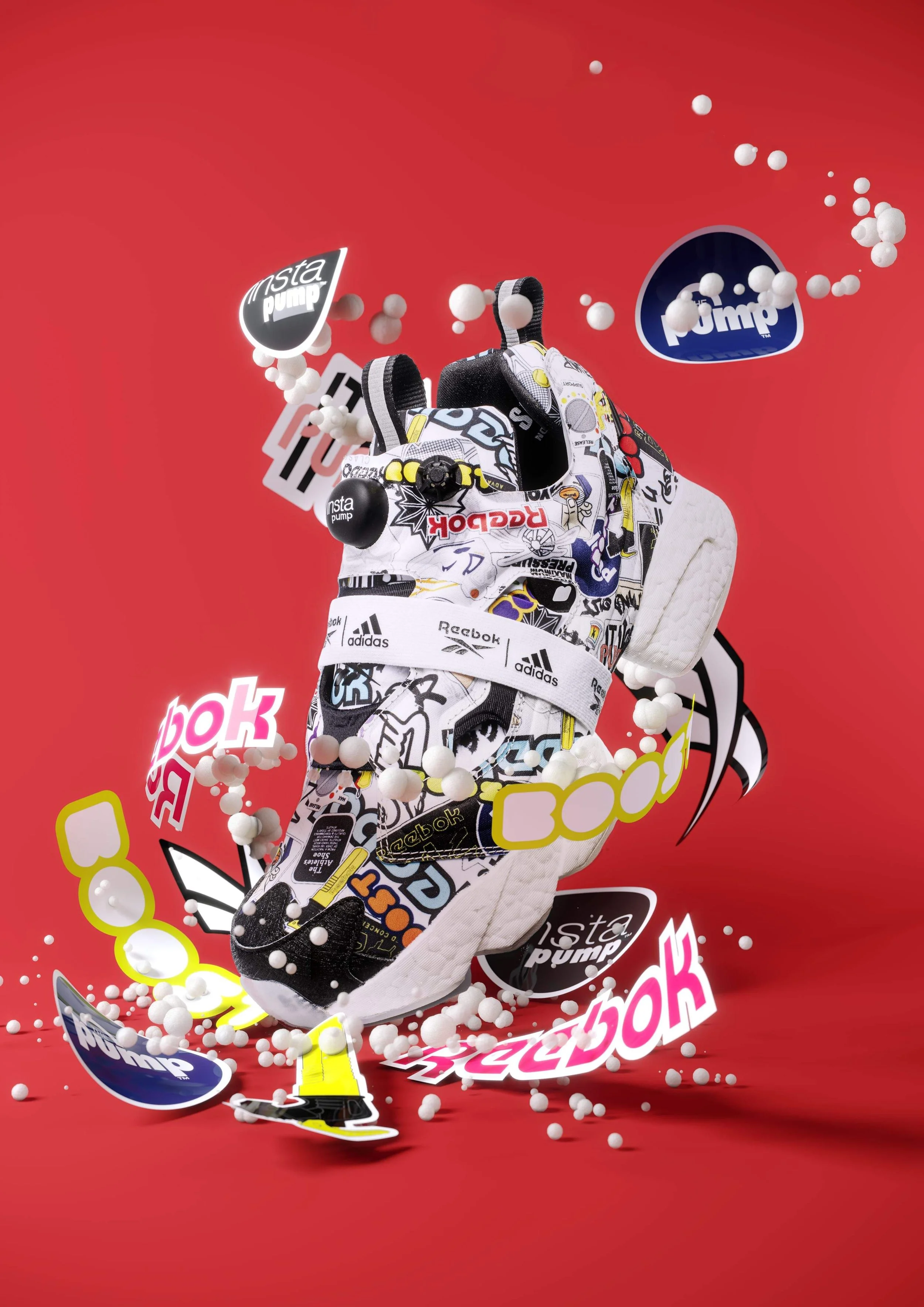 Shoes with various fashion brand logos surrounded by floating logos, bubbles, and colorful text on a red background.