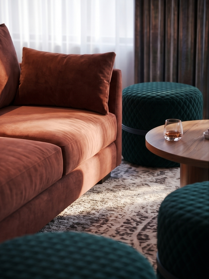 Living room with a brown velvet sofa, a round wooden coffee table with a glass of water, and two green quilted ottomans near the window with white curtains.