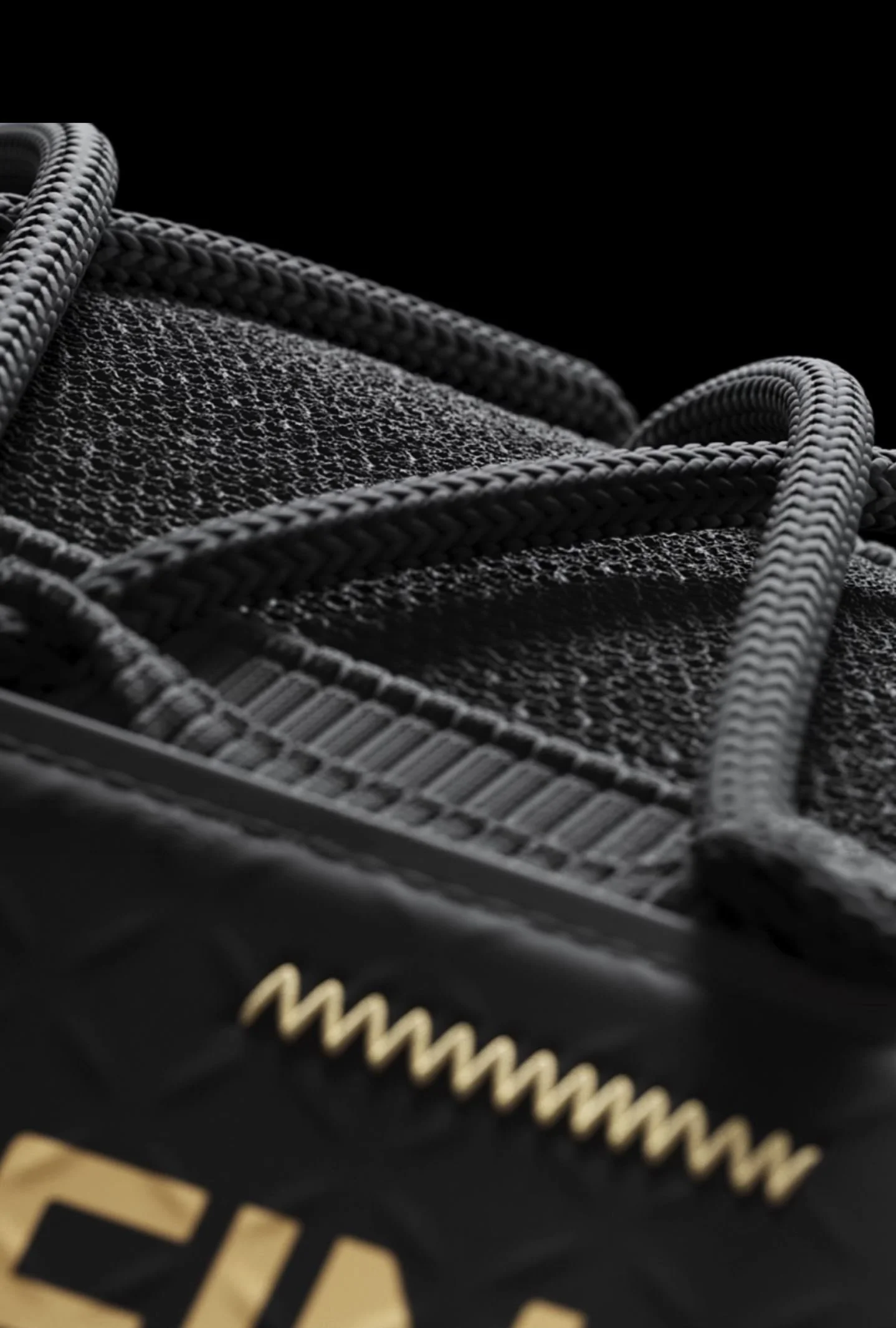 Close-up of a black and gold shoe box with textured surface and a shoelace detail.