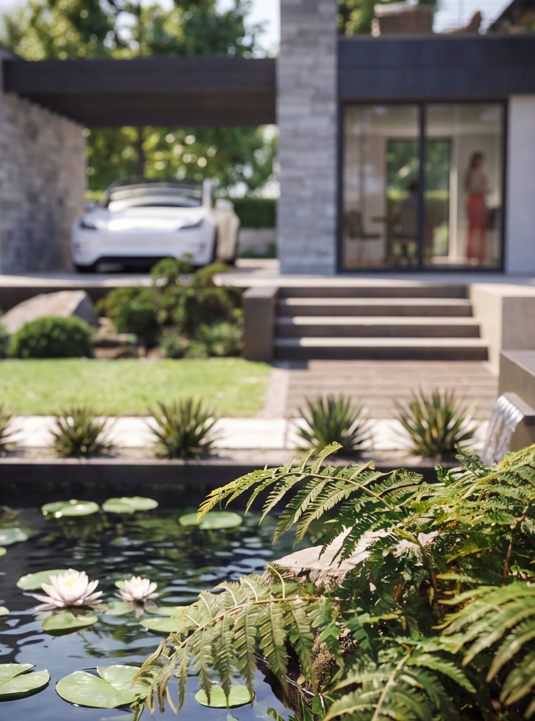 A modern house with a patio, a white car parked nearby, and a garden with water lilies in the foreground.