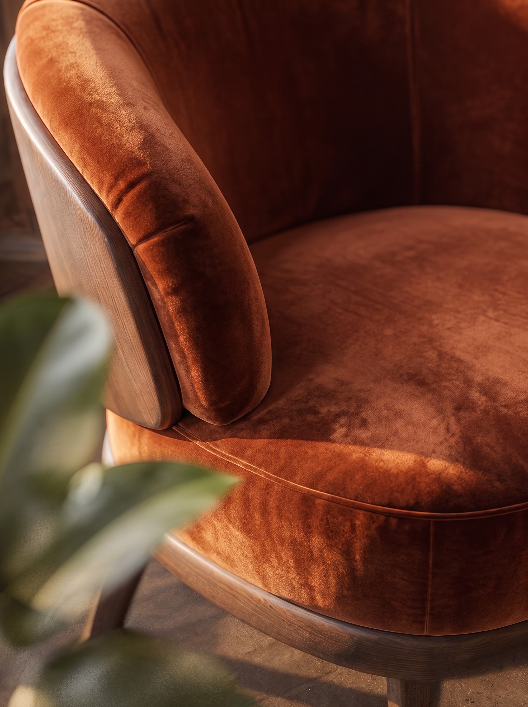 Close-up of a vintage leather armchair with a curved wooden frame, part of a room's decor.