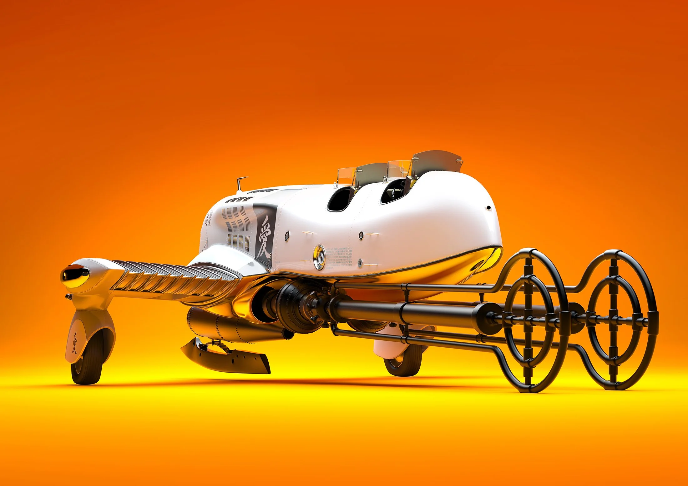 A sleek, futuristic underwater robot with a metallic body and multiple appendages, set against a vibrant orange background.