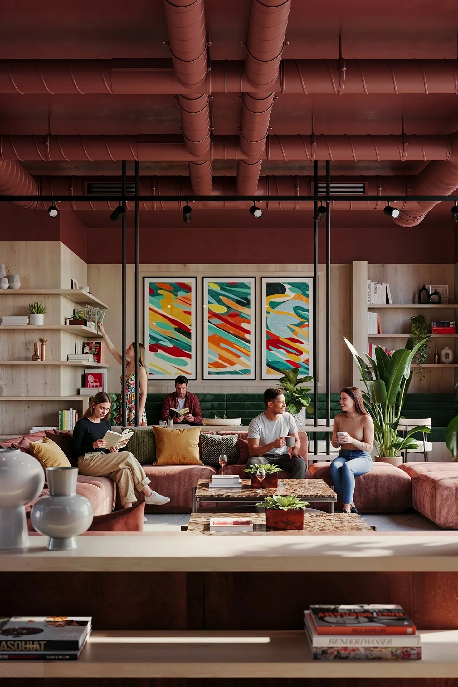A modern, cozy living room with a group of five people sitting and standing, engaging in conversations, reading, and drinking coffee or tea, with colorful abstract art on the wall, plants, books, and decorative objects on shelves, and exposed ceiling