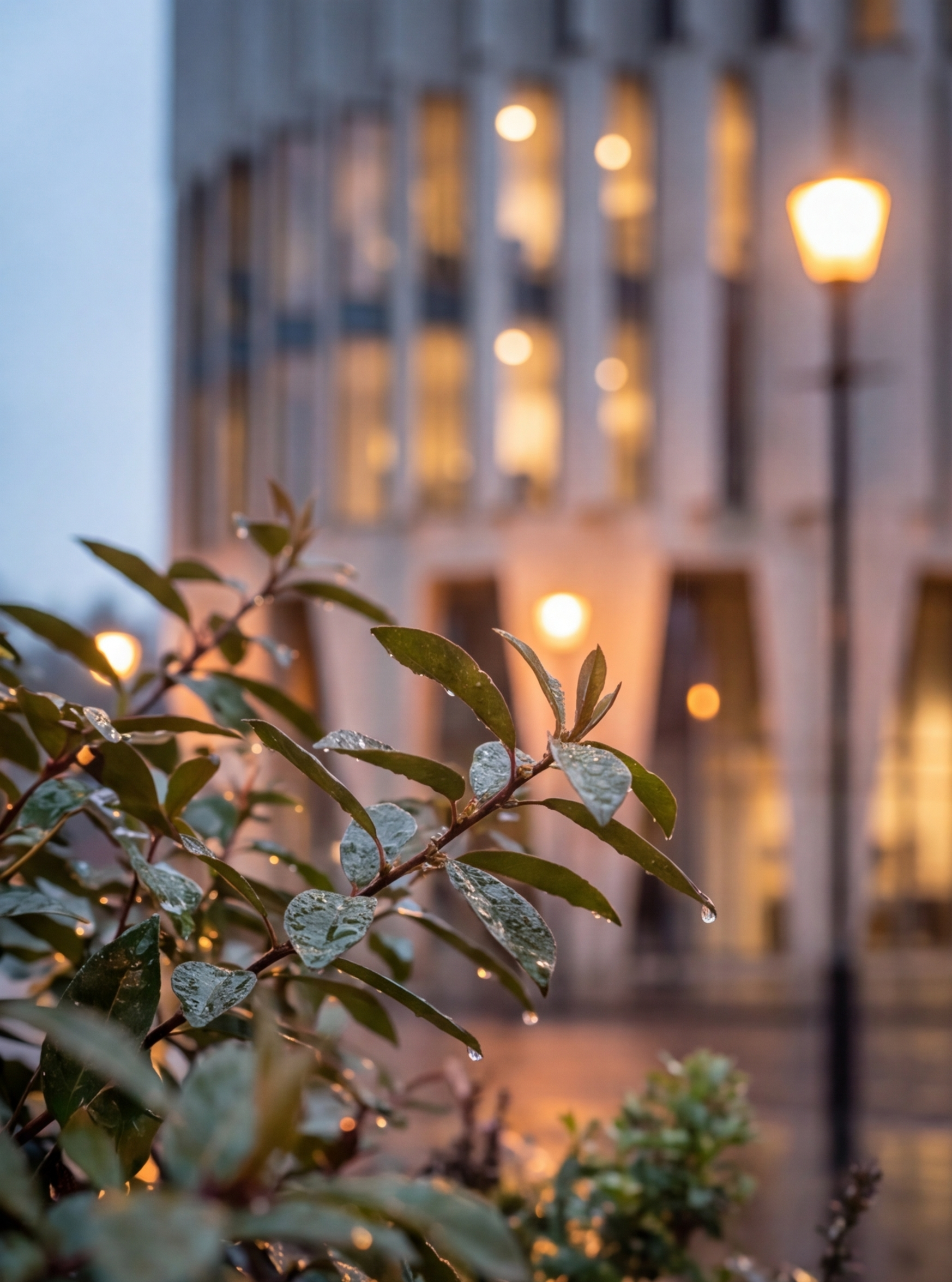 Close-up of green leaves with water droplets, blurred background of warm glowing streetlights on a building at dusk