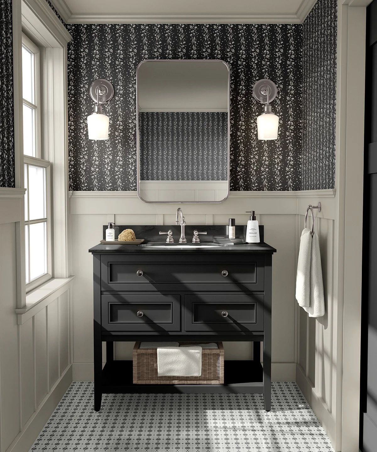 Bathroom with a brass schoolhouse sconce, vintage wood mirror, and beadboard wainscoting