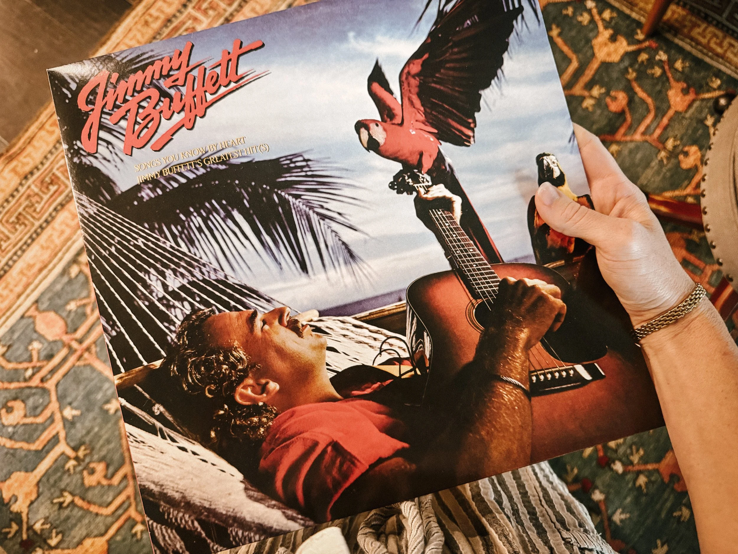 Album cover featuring a man with curly hair and a beard playing an acoustic guitar, a woman with long hair looking at him, a pink and black parrot flying in front of a blue sky, palm leaves, and red and yellow text that says "Immigrant Jukebox".