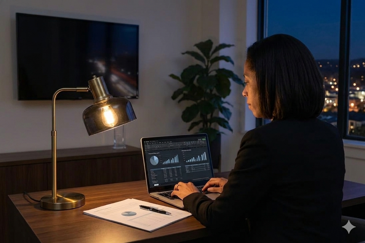 A woman working on a laptop at a wooden desk in a dimly lit office during the evening, with a lamp, a notebook, and a pen, with a cityscape visible through the large window behind her.