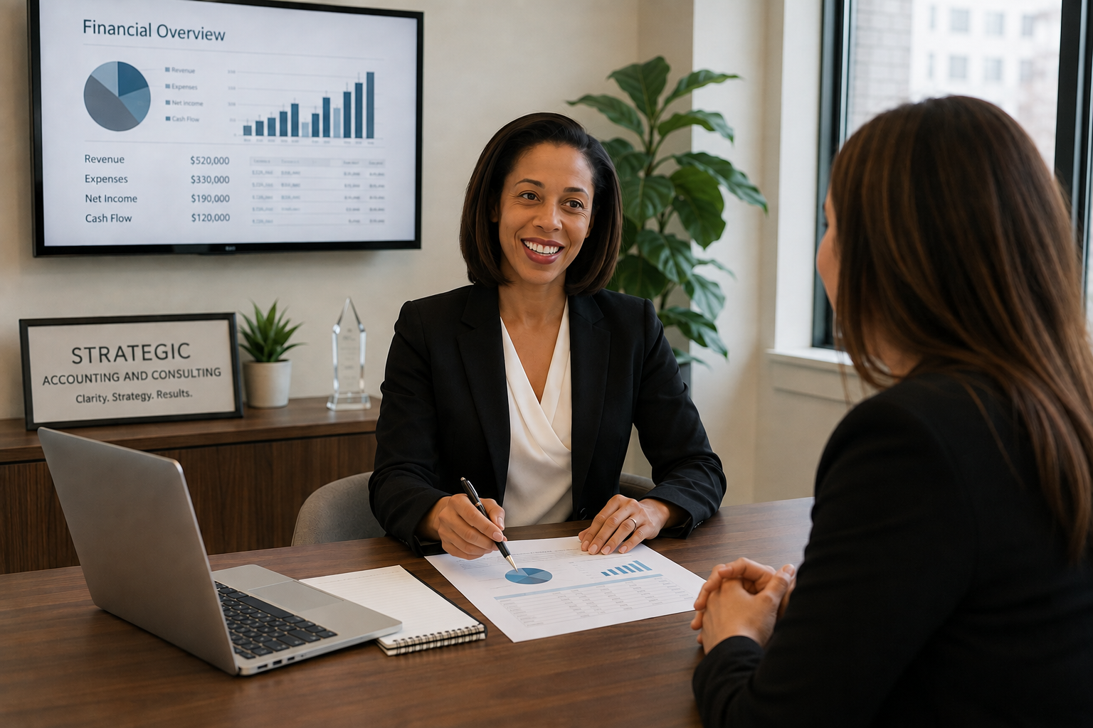 Two women in business attire having a meeting in an office, with a financial overview chart on the screen behind them and a laptop on the table.