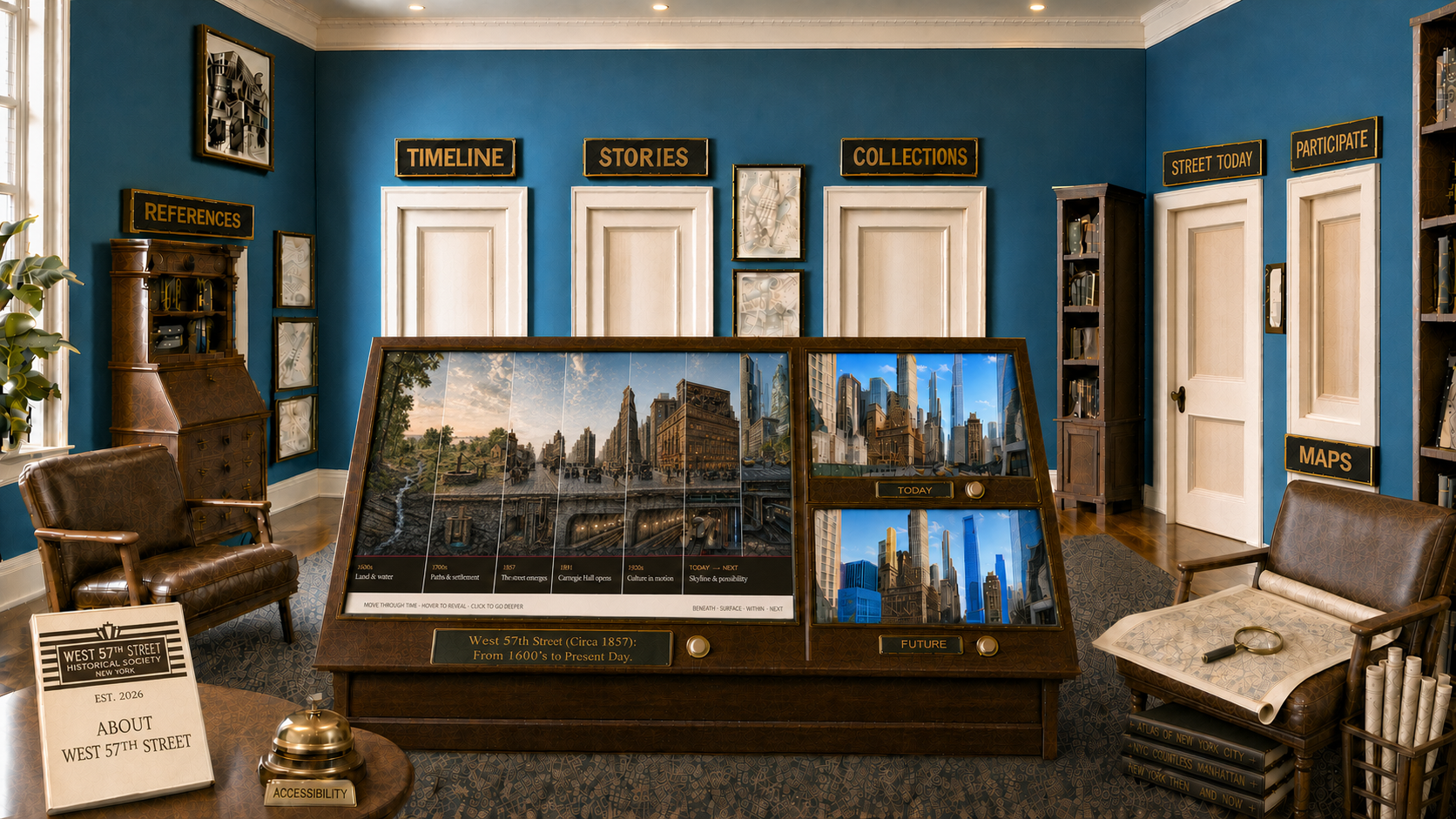 Illustrated West 57th Street Historical Society reading room with labeled destinations, a historical timeline display, maps, and an accessibility bell.