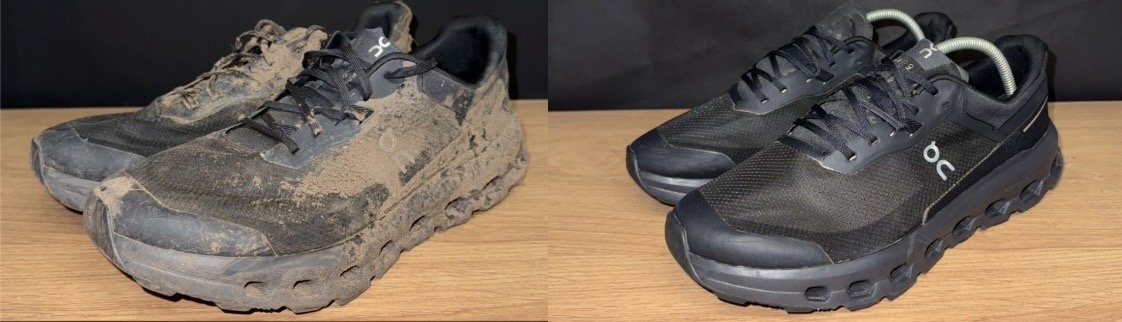 Comparison of a pair of dirty, muddy running shoes and the same shoes cleaned and polished.
