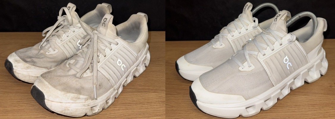 Comparison of a dirty, worn pair of white athletic shoes on the left and a clean, new pair of white athletic shoes on the right.