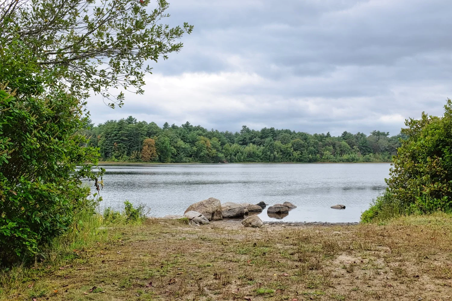 A peaceful lakeside scene with a dirt shore, rocks, calm water, dense green trees, and cloudy sky.