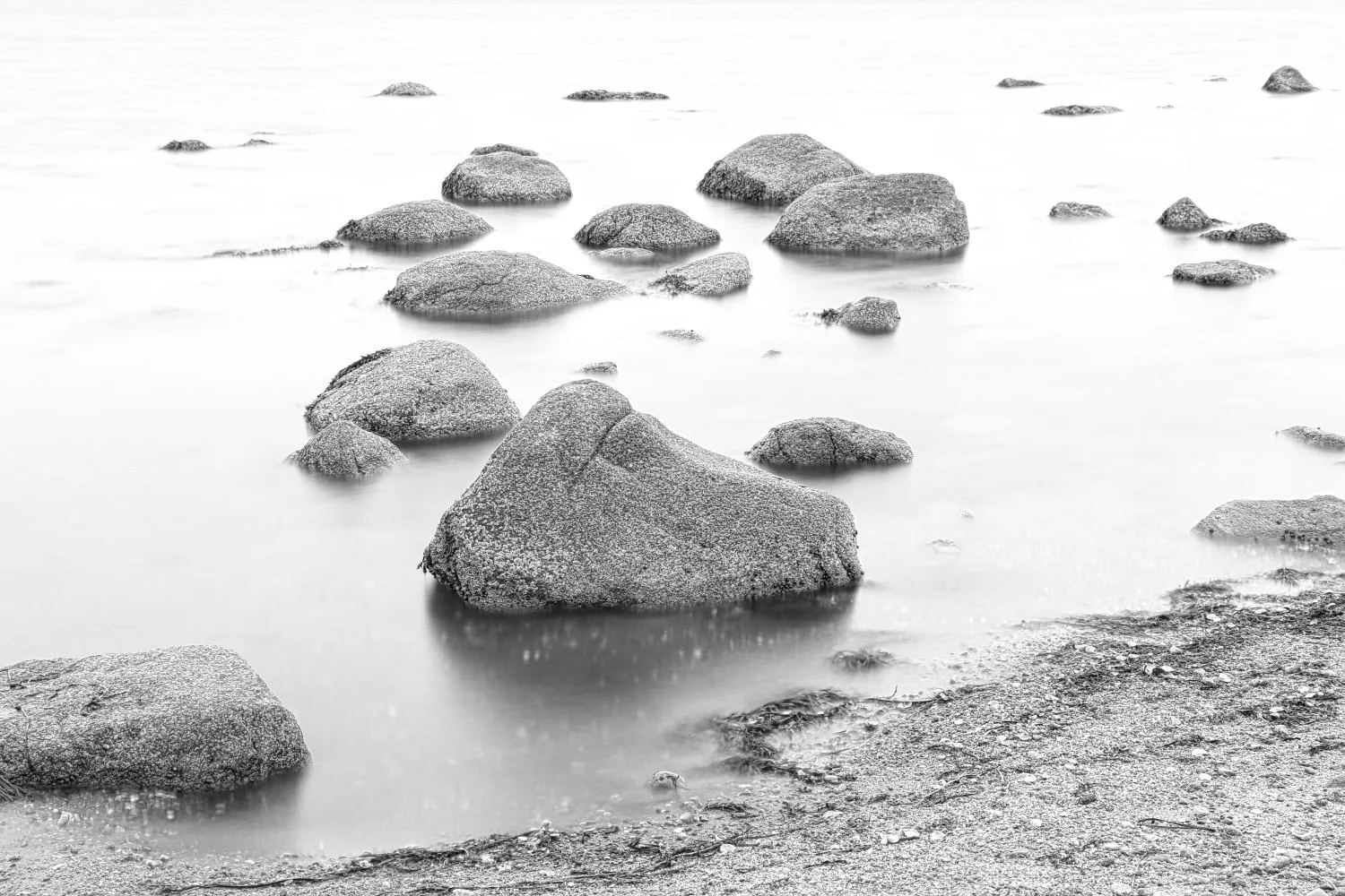 Black and white photograph of large rocks partially submerged in calm water near a shoreline.