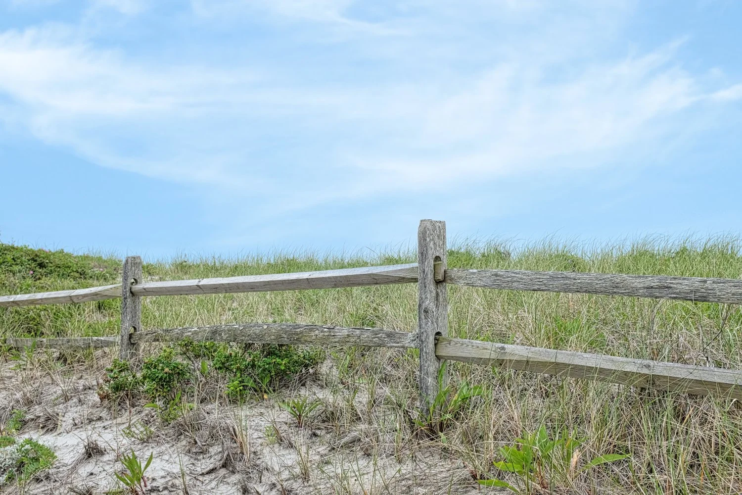 Wooden fence on a grassy sand dune under a partly cloudy blue sky