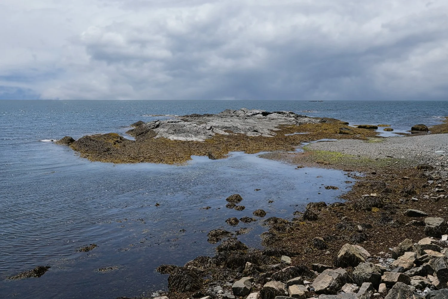 Rocky shoreline with tide pools under cloudy sky, ocean in the background.