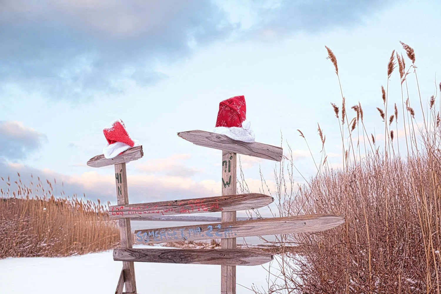 Wooden signpost with three directional arrows in a snowy field, decorated with two red and white Santa hats, with tall dried grasses and a cloudy sky in the background.