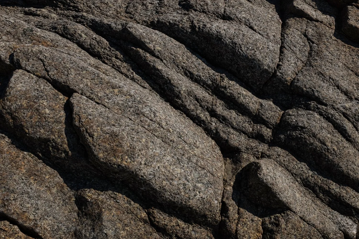 Close-up of textured, dark brown to black granite rocks with visible striations and cracks.