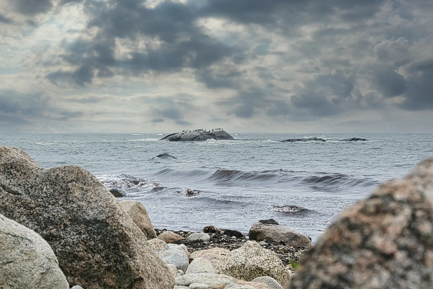 Rocky shoreline on a cloudy day with waves and seabirds resting on a large rock in the ocean.
