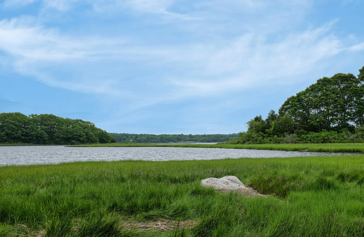 Scenic river landscape with grassy foreground, trees on both sides, and a blue sky with wispy clouds.