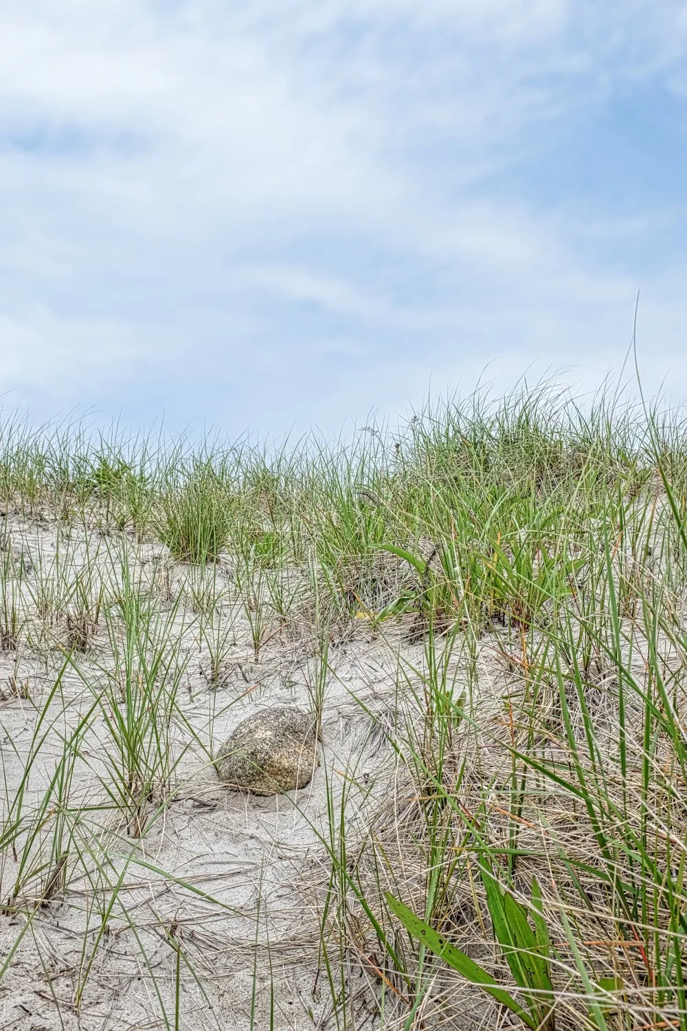 Sandy beach with patches of green grass and a large rock, under a partly cloudy sky.